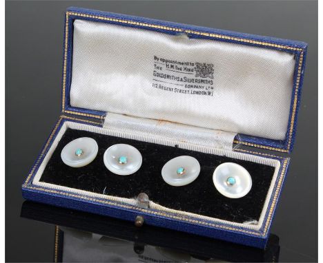 Pair of mother of pearl turquoise and gold cufflinks, with circular disc's, 14mm diameter, cased