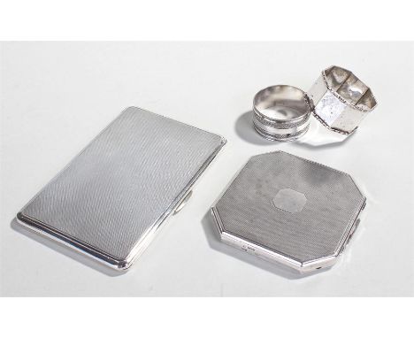 Silver objects, to include two silver napkin rings, compact  and cigarette case Birmingham 1941 maker S&B, 12.6oz, (4)
