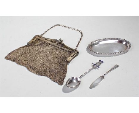 Collection of silver, to include a silver purse, a silver spoon, a silver butter knife and silver dish, total weight 8.4oz