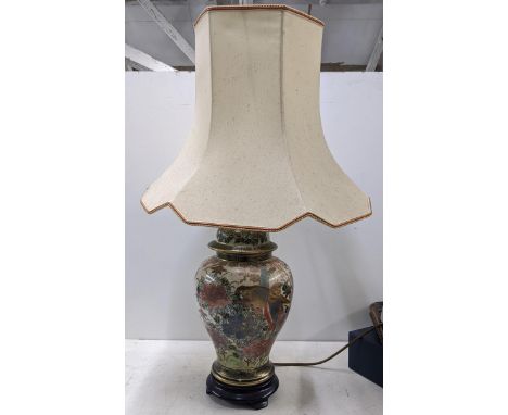 A 20th century Japanese satsuma table lamp of baluster form and painted with birds amongst flowers, 74cm high including shade