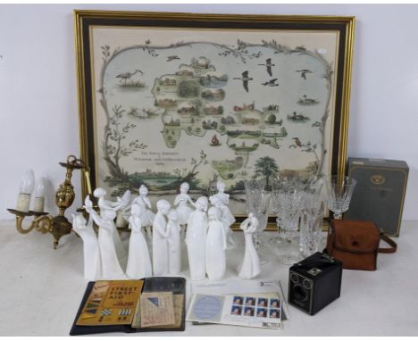 A mixed lot to include white glazed figures including Royal Doulton, Coalport and others together with mixed glassware, Kodak