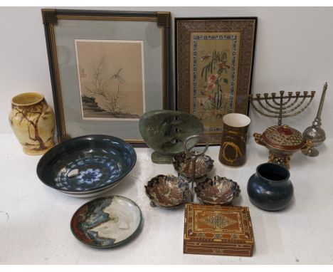 Collectables to include studio pottery modern satsuma style ceramics, Chinese embroidery and picture, a holly water an Africa