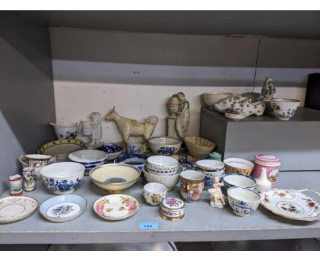 A mixed lot of 18th and 19th century and later ceramics to include various blue and white tea bowls, Royal Copenhagen footed 