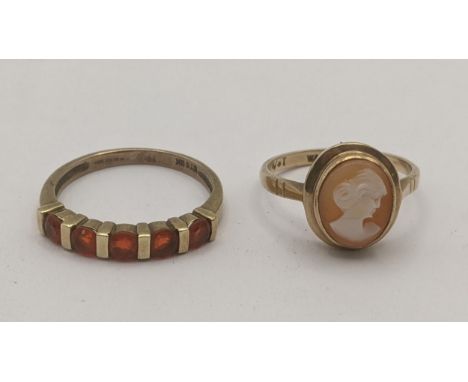 Two 9ct yellow gold ladies rings to include cameo example together with 5 stones ring possibly fire opal, total weight 4.9gLo