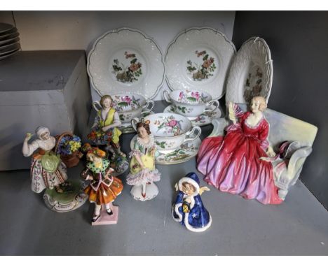 A mixed group of figurines and Wedgwood table wares to include Royal Doulton Sweet and Twenty HN1298 and Pearly Girl HN1483 A