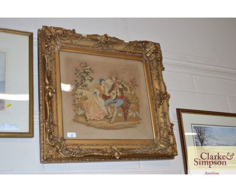 A Victorian tapestry, romantic study with a man playing a mandolin contained in ornate gilt frame 