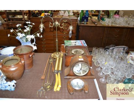 An oak horseshoe shaped barometer; a mantel clock; wall clock; brass toasting forks; table lamp etc.