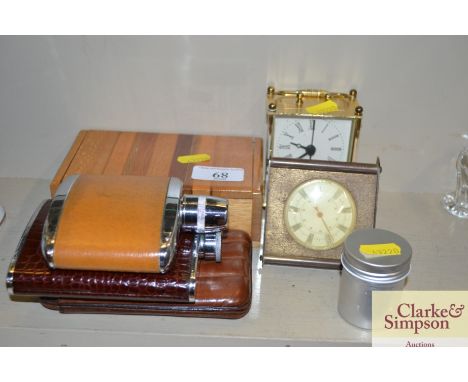 A trinket box and contents of wrist watches; a leather cigar case; two hip flasks; a mantel clock; a barometer; and a small q