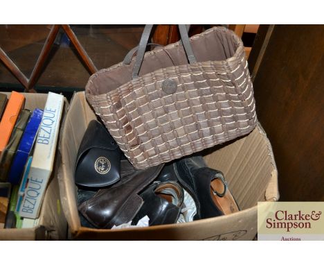 A box containing various vintage shoes, handbag etc.
