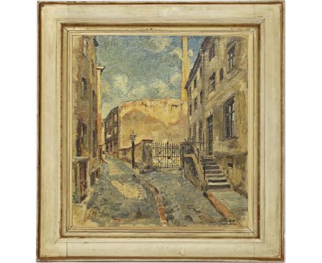 Unbekannter Maler (um 1933) Sommerliche Gasse. Öl/Lwd./Karton, re. u. sign. Stütze (?) und dat. 1933. 50x 46 cm. R.