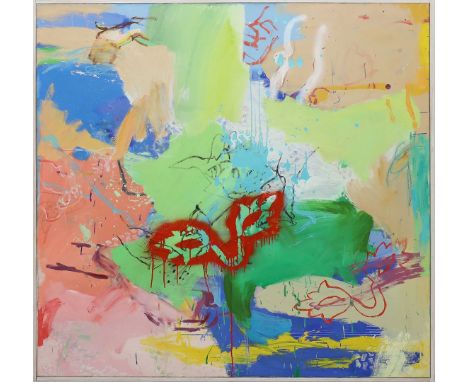 Bruhne, Linda (um 1994) Ohne Titel. ÖL/Lwd. (Riss), verso sign. und dat. (19)94. 130x 130 cm. R.