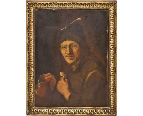 Unbekannter Maler (19. Jh.) Mann mit Kappe, in den Händen zerbrochenen Tonkrug haltend. Öl/Holz. Ca. 31,5x 23,5 cm. R.