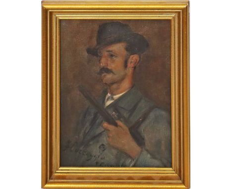 Correggio (um 1901) Jäger. Öl/Lwd., li. u. sign. und dat. 1901. 29x 22 cm. R.
