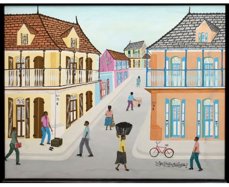 Christophe, Jackson (geb. Haiti) Straßenszene. Öl/Lwd. (größerer Wasserfleck im re. Bereich), re. u. sign. und bez. "Cap- Hai