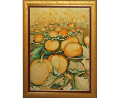 Unbekannte Malerin (um 1999) Kürbisfeld. Öl/Lwd., re. u. unleserlich sign. "Uta Laut..." und dat. (19)99. Ca. 110x 90 cm. R.