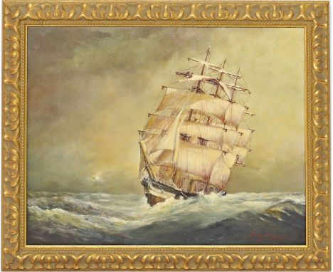 Unbekannter Maler (20. Jh.) Dreimaster auf hoher See. Öl/Lwd., re. u. unleserlich sign. 40,5x 52,5 cm. R.