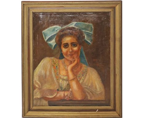 Unbekannter Maler (1. Viertel 20. Jh.) Brustportrait einer Frau in Tracht. Öl/Lwd. (kl. hinterlegte Risse). Ca. 69x 56,5 cm. 
