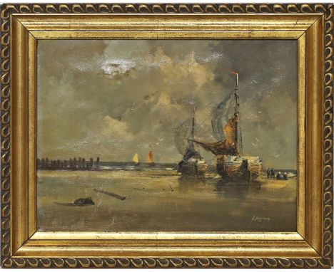 Drulman, Marinus Johannes (1912 Amsterdam 1978) Fischer neben ihren Booten am Strand. Öl/Lwd. (teils berieben und größerer, h