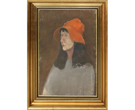 Unbekannter Maler (20. Jh.) Portrait einer Frau mit rotem Hut. Öl/Lwd. Ca. 60x 40 cm. R.