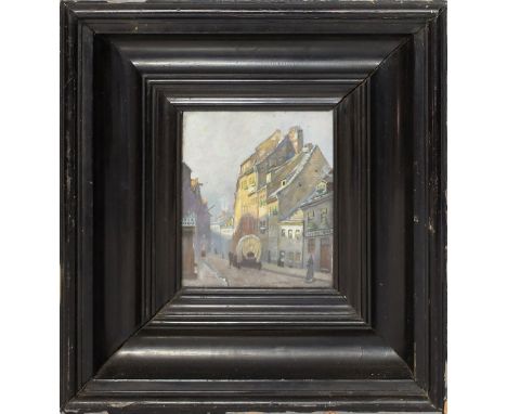 Unbekannter Maler (Anf. 20. Jh.) Straßenszene mit Planwagen und Passanten. Öl/Karton, mittig u. unleserlich sign. Ca. 18,5x 1