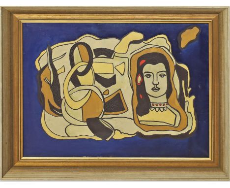 Unbekannter Maler (20. Jh.) Farbkomposition mit Frauenportrait. Öl/Lwd. Ca. 55,5x 71 cm. R.
