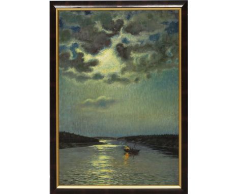 Unbekannter Maler (um 1900) Nächtlicher Flusslauf mit Fischern im Boot. Öl/Lwd., auf Platte aufgezogen. 62x 45 cm. R.