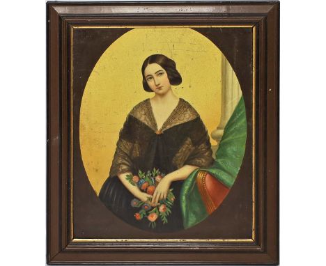 Portraitist (19. Jh.) Dreiviertelportrait einer jungen Frau in schwarzem Spitzenkleid, in den Händen Blumengebinde haltend. Ö