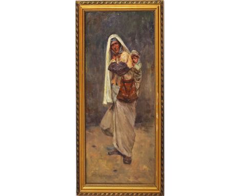 Vajda, Zsigmond (1859 Budapest 1931) Stehende Araberin mit Kind auf dem Rücken. Öl/Lwd., li. u. sign. Ca. 79x 38,5 cm. R.