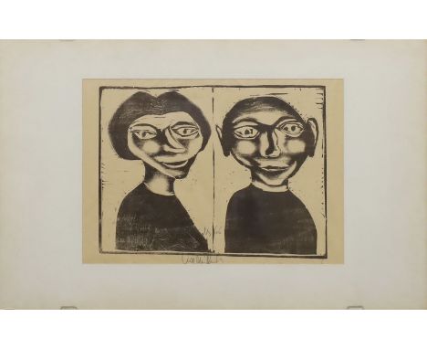 Mühlenhaupt, Kurt (1921 Klein Ziescht- Berlin 2006) Doppelportrait. Holzschnitt/Papier (gebräunt, Knicke), mittig mit Bleisti