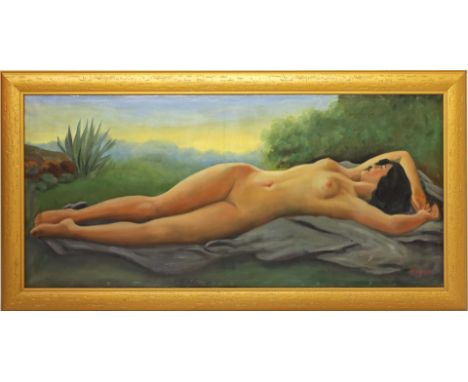 Unbekannter Maler (1. Hälfte 20. Jh.) Liegender, weiblicher Akt. Öl/Lwd., re. u. unleserlich sign. Ca. 80x 130 cm. R.