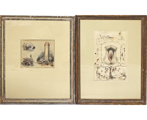 Unbekannter Künstler (19. Jh.) 2 Blätter mit frivolen Darstellungen. Kolorierte Lithographien (gebräunt). Verschiedene Format