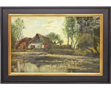 Unbekannter Maler (1. Hälfte 20. Jh.) Norddeutsche Landschaft mit reetgedeckter Bauernkate an Seeufer. Öl/Lwd. 44x 68 cm. R,