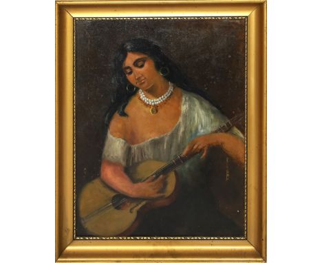 Unbekannter Maler (20. Jh.) Portrait einer Südländerin mit Gitarre. Öl/Karton (Kratzer), re. u. unleserlich sign. Ca. 50x 40 