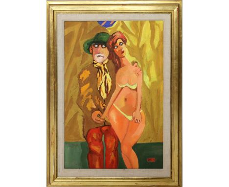 Monnogrammist "G." (um 1989) Weiblicher Akt und Herr mit Hut. Öl/Hartfaser, re. u. monog. und dat. (1989). Ca. 65x 45,5 cm. R