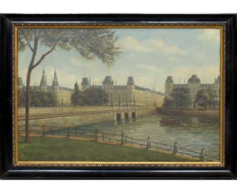 Hansen, H. (1. Hälfte 20. Jh.) Peblings-See mit Königin Luise-Brücke und Blick auf das Panorama von Kopenhagen. Öl/Lwd., li. 