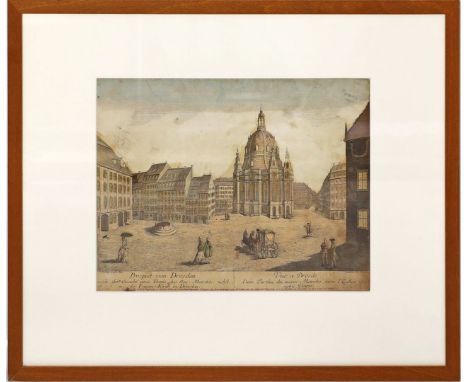 Riedel, Gottlieb Friedrich (1724-1784) "Prospect von Dresden". Kolorierter Kupferstich (besch.). 29x 38 cm. PP., R. (Dud-15)