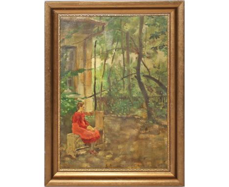 Koloszvary (um 1939) Mädchen auf Bank im Garten (verso ebenfalls auf Bank sitzendes Mädchen). Öl/Karton, re. u. sign. und dat