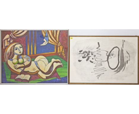 Unbekannter Maler. Liegende in der Art von Picasso. Öl/Lwd. 50x 60 cm. R. Beigegeben: 2 gerahmte Drucke.