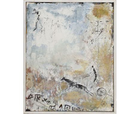 Moderner Künstler (20. Jh.) Komposition, verso auf Aufkleber betitelt "Tierbild". Mischtechnik/Holz, bez./sign. ?. 50x 40 cm.