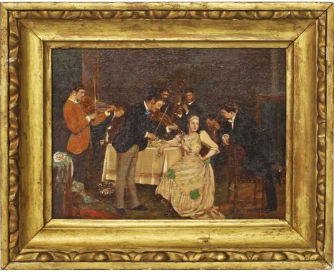 Pörge, Gergely (1858 Pest – Budapest 1930), nach Hauskonzert bei ungarischer Aristokratin. Übermalter Druck. Ca. 19,5x 26 cm.
