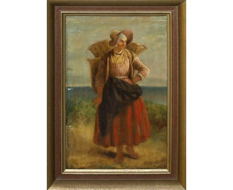 Unbekannter Maler (19. Jh.) Junges Fischermädchen am Strand. Öl/Lwd. (doubliert, rest.). 35x 22 cm. R.