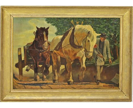 Schulz, W. (um 1947) Bauer mit Pferdefuhrwerk. Öl/Sperrholz, re. u. sign. bez. "cop." und dat. (19)47. Ca. 42x 58 cm. R.