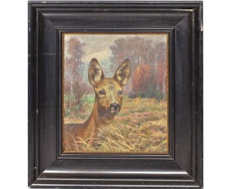 Zehle, Ernst (1876 Hamburg-Berlin 1940) Bildnis eines Rehkopfes vor Waldlichtung. Öl/Lwd. (Druckstelle), li. u. sign. und dat