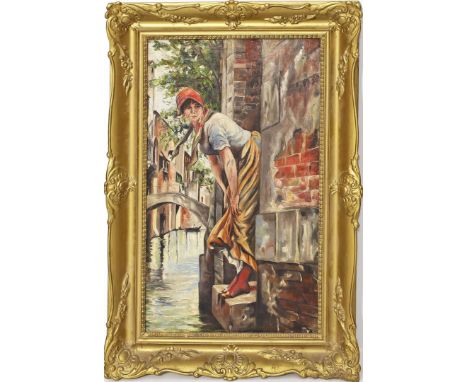 Unbekannter Maler (um 1900) Neapolitanerin in Hauseingang an Canal. Öl/Lwd. (rest.). Ca. 66x 39 cm. R.