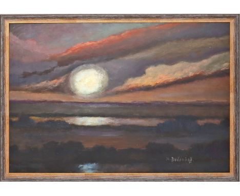 Dodenhoff, Heinz (1889 Tarmstedt - Worpswede 1981) Landschaft im Mondschein. Öl/Platte (l. Altersspuren), re. u. sign. Ca. 50