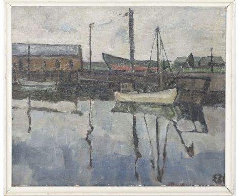 Monogrammist (1930er Jahre) Fischerhafen. Öl/Lwd. (min. Farbverluste), re. u. undeutlich monog. EBL ? 56x 66 cm. R.