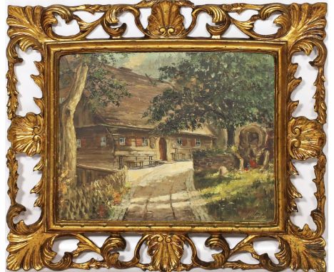 Weber, E. (20. Jh.) Sonnenbeschienener Weg vor reetgedecktem Haus. Öl/Hartfaser, re. u. sign. Ca. 38x 47 cm. R.