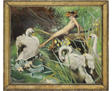 Helbing, Ferenc (1870 Ersekujvar - Budapest 1958), wohl Akt zwischen Schwänen. Öl/Karton (Farbschäden), li. u. sign. und dat.