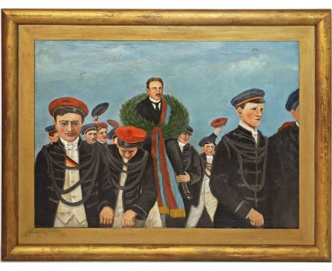 Györffy, István (1890 Budapest 1970) Vielfigurige Darstellung einer Burschenschaft. Öl/Lwd. (Altersspuren und kl., hinterlegt