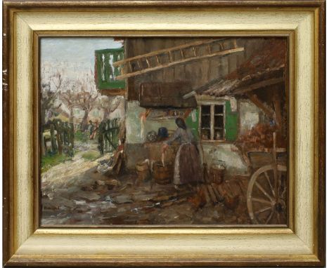 Unbekannter Maler (Anf. 20. Jh.) Bäuerin auf ihrem Hof. Öl/Karton/Platte, li. u. undeutlich sign. 40x 55 cm. R.